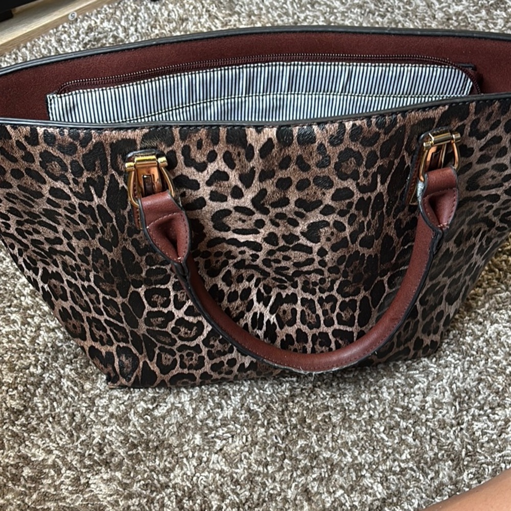 Brown Animal Print Tote with Leather Accents